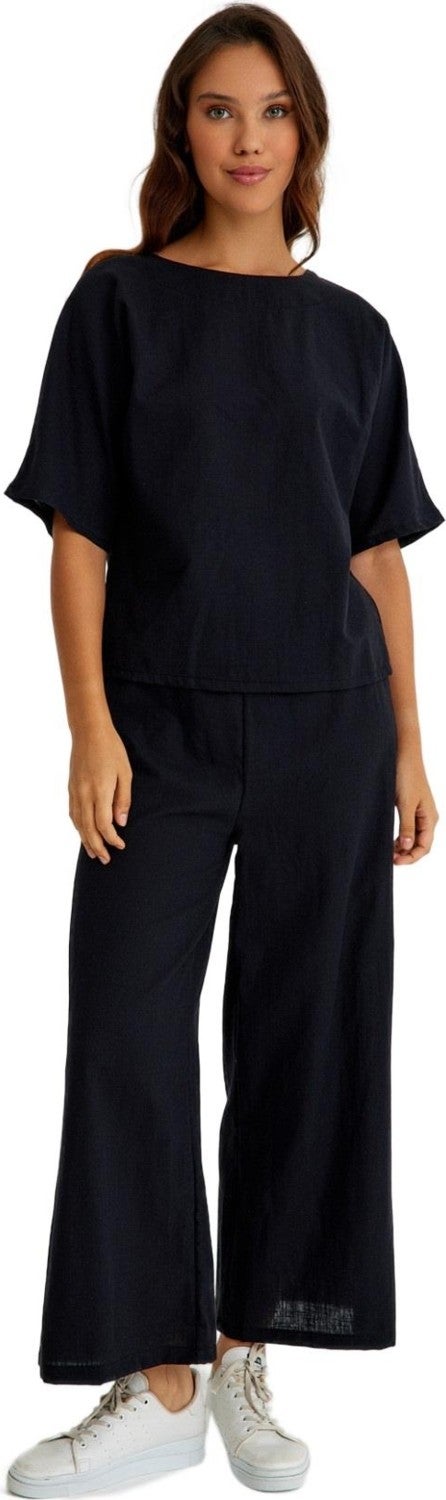 Barbora Linen Daily Comfortable Elastic Waist Women's Two Piece Set Bottom Top LN10BLACK5  - Image 1