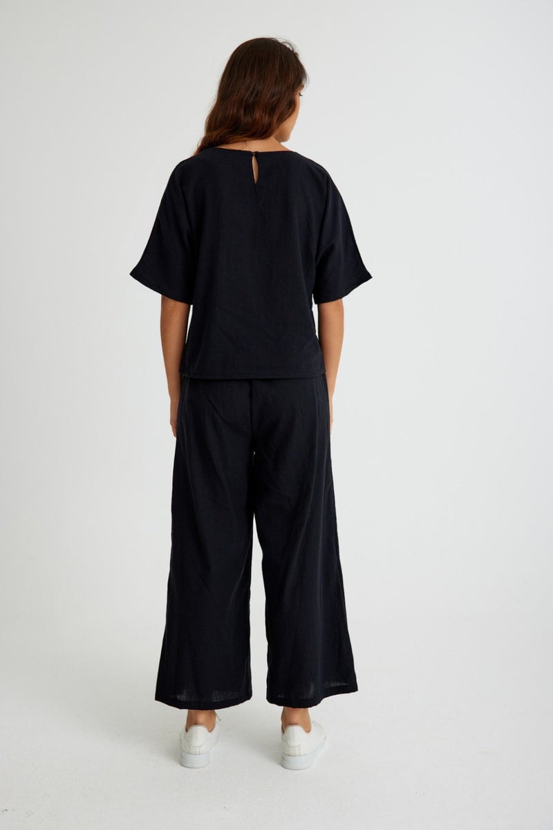 Barbora Linen Daily Comfortable Elastic Waist Women's Two Piece Set Bottom Top LN10BLACK5  - Image 4