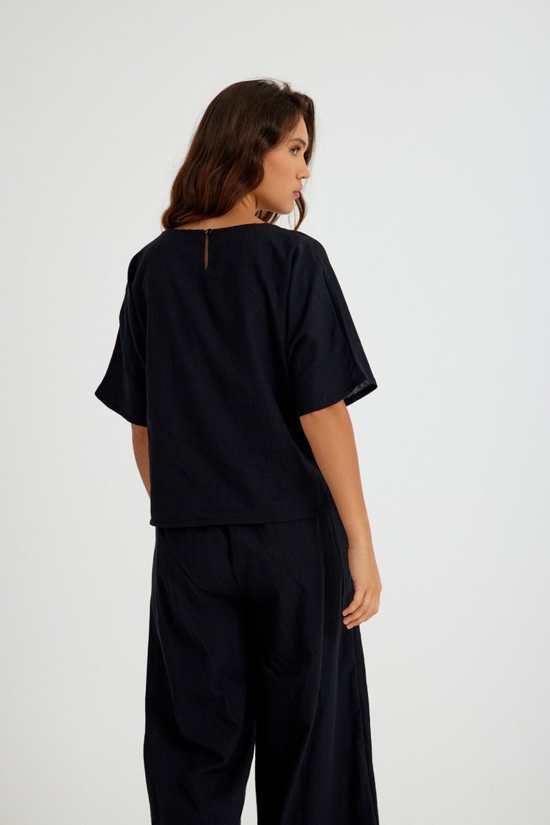 Barbora Linen Daily Comfortable Elastic Waist Women's Two Piece Set Bottom Top LN10BLACK5  - Image 5