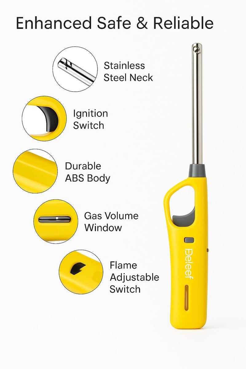 DEBIRE Gas Lighter for Kitchen Stove, Candles with 100ml Refill Bottle, Steel/Plastic Flame Adjustable, Built-in Safety Lock (Yellow Gas Lighter with Refill Can) - Image 2