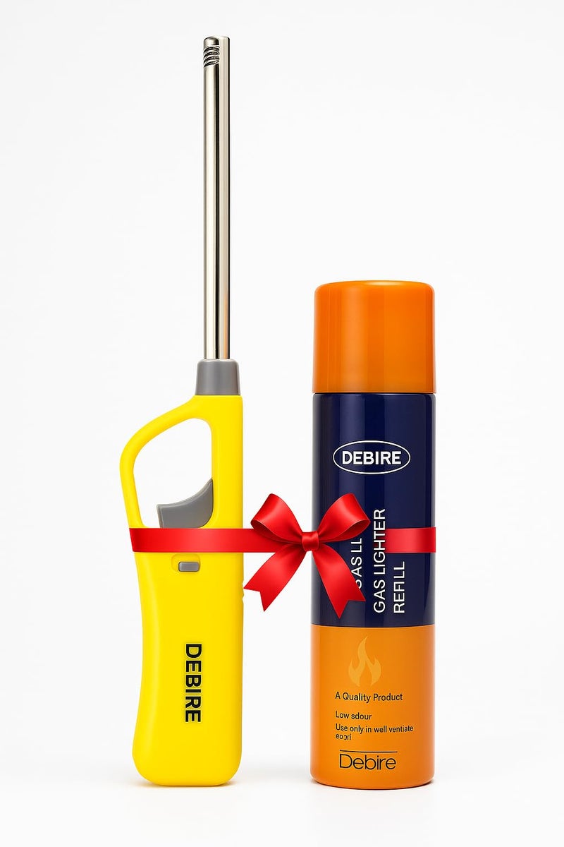 DEBIRE Gas Lighter for Kitchen Stove, Candles with 100ml Refill Bottle, Steel/Plastic Flame Adjustable, Built-in Safety Lock (Yellow Gas Lighter with Refill Can) - Image 1