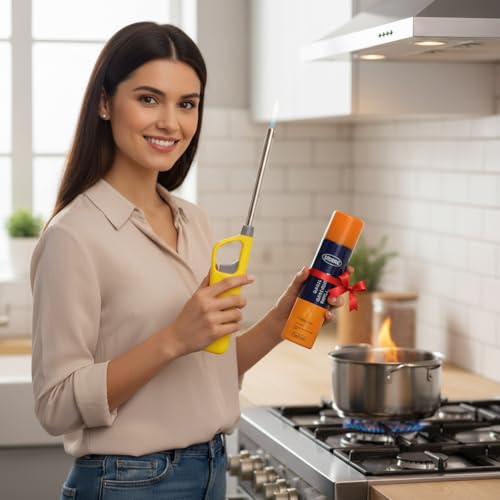 DEBIRE Gas Lighter for Kitchen Stove, Candles with 100ml Refill Bottle, Steel/Plastic Flame Adjustable, Built-in Safety Lock (Yellow Gas Lighter with Refill Can) - Image 5