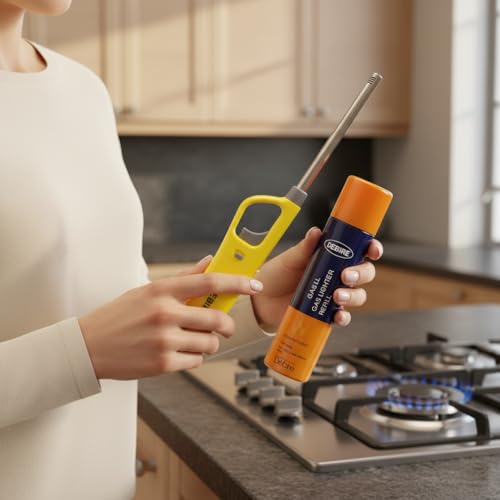 DEBIRE Gas Lighter for Kitchen Stove, Candles with 100ml Refill Bottle, Steel/Plastic Flame Adjustable, Built-in Safety Lock (Yellow Gas Lighter with Refill Can) - Image 3