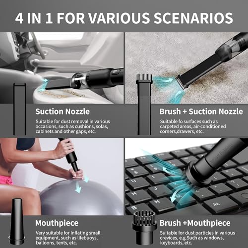 SZFIXEZ Handheld Car Vacuum Cleaner, Cordless Portable 20KPA Powerful Suction With LED Light, 2-in-1 Air Inflator, Low Noise Rechargeable Mini for Car Home Pet Office - Image 4