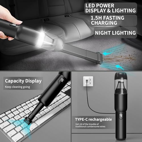 SZFIXEZ Handheld Car Vacuum Cleaner, Cordless Portable 20KPA Powerful Suction With LED Light, 2-in-1 Air Inflator, Low Noise Rechargeable Mini for Car Home Pet Office - Image 5