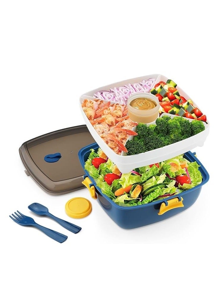 كيلا علبة غداء السلطة، علبة بينتو مزدوجة الطبقات، مع أدوات مائدة وحاوية صلصة، وعاء سلطة 40 أونصة، مع صينية بينتو مانعة للتسرب من 5 أقسام، علبة غداء مناسبة للوجبات الخفيفة والسلطة (أزرق) - Image 1