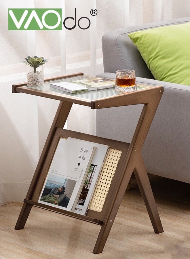 فاو دو طاولة جانبية من الخيزران وطاولة جانبية على طراز بوهو وطاولة جانبية بتصميم منتصف القرن الحديث وطاولة جانبية زجاجية وطاولات جانبية صغيرة وطاولة قهوة من الخيزران مع حامل مشغل أسطوانات للتخزين في غرفة المعيشة وغرفة النوم - Image 1