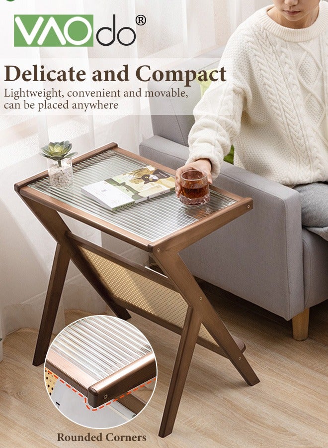 فاو دو طاولة جانبية من الخيزران وطاولة جانبية على طراز بوهو وطاولة جانبية بتصميم منتصف القرن الحديث وطاولة جانبية زجاجية وطاولات جانبية صغيرة وطاولة قهوة من الخيزران مع حامل مشغل أسطوانات للتخزين في غرفة المعيشة وغرفة النوم - Image 4