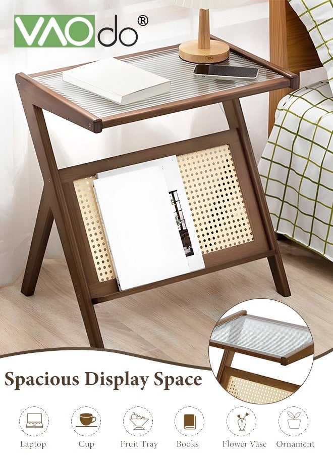 فاو دو طاولة جانبية من الخيزران وطاولة جانبية على طراز بوهو وطاولة جانبية بتصميم منتصف القرن الحديث وطاولة جانبية زجاجية وطاولات جانبية صغيرة وطاولة قهوة من الخيزران مع حامل مشغل أسطوانات للتخزين في غرفة المعيشة وغرفة النوم - Image 5