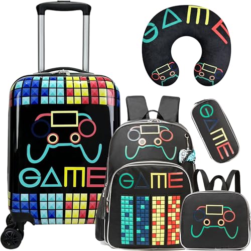 Inprof Kid’s Luggage Set 5 Piece Suitcase Set 16’’ Hardside Luggage with Spinner Wheels Girls Boys Carry on Luggage Travel Rolling Luggage Airline Approved - Image 1