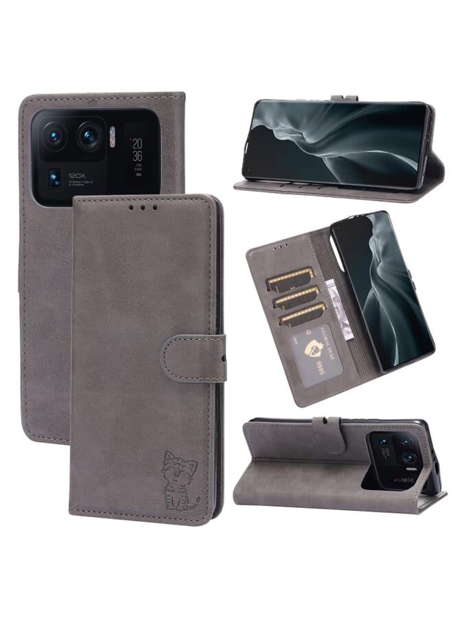 erorex Phone Case Xiaomi Mi 11 Ultra Embossed Happy Cat Pattern Horizontal Flip Leather Case with Holder & Card Slots & Wallet  - Image 1