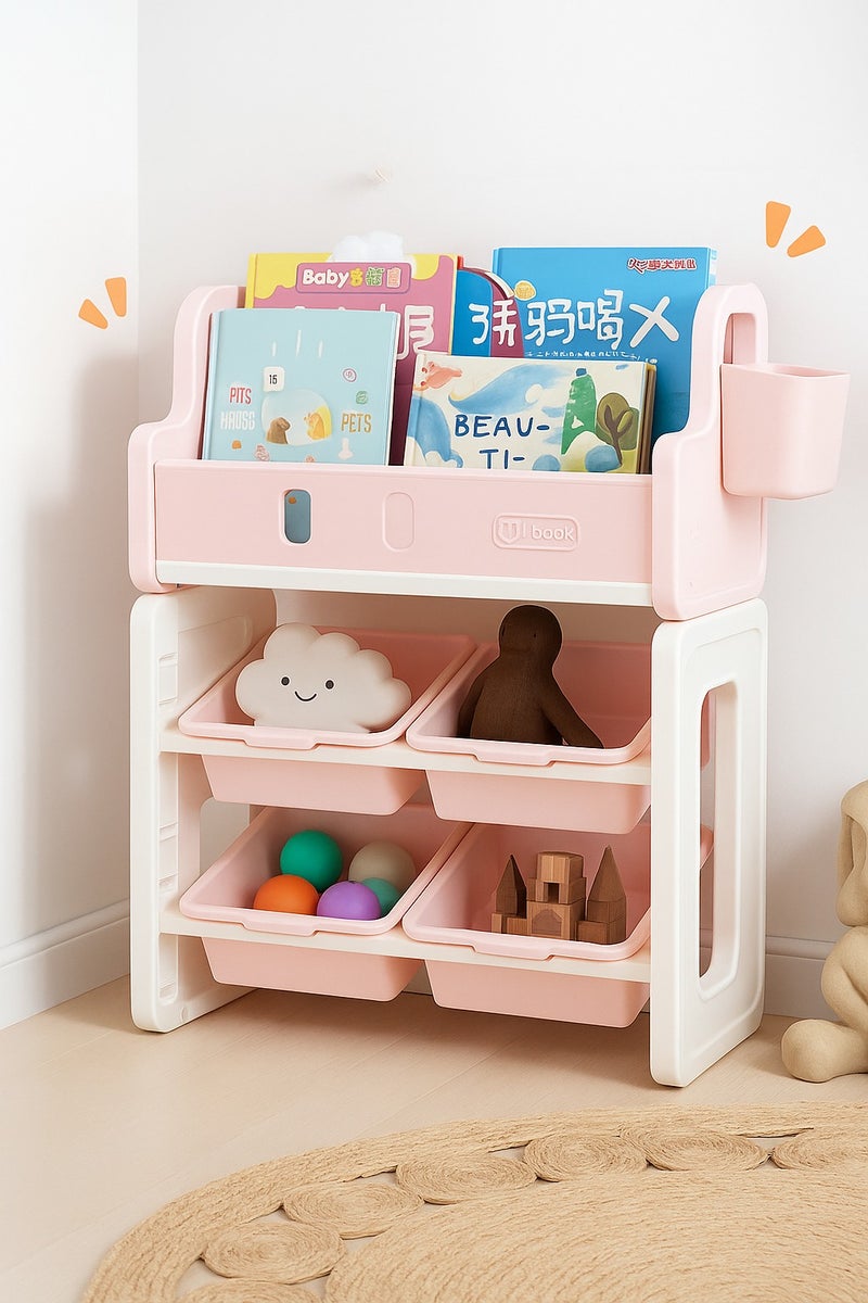 Marcolo 3-Tier Kids Bookshelf with Storage Bins – Multifunctional Children’s Book & Toy Organizer with Side Compartments – Durable BPA-Free Plastic Bookcase for Toddlers (Pink)