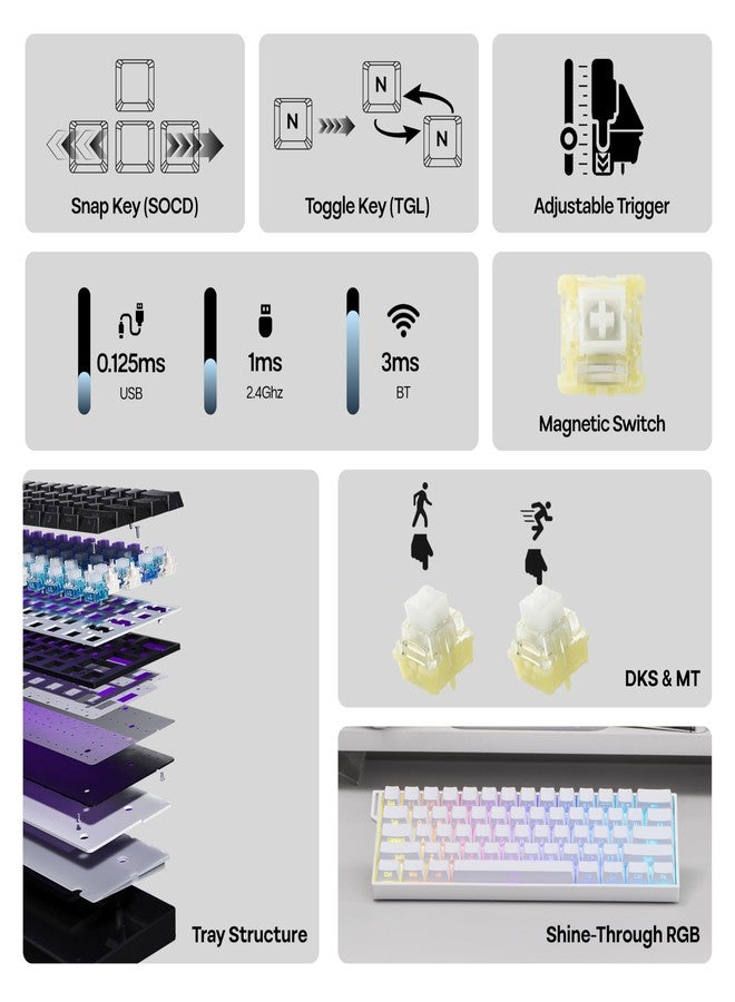 MechLands Aula Mini60 HE PRO Wireless Hall Effect Keyboard, 4000mAh, SOCD & DKS, Magnetic Gaming Keyboard with Fast Trigger, Adjustable Actuation, 8K Polling, RGB Backlit, Sound Dampening (White) - Image 3