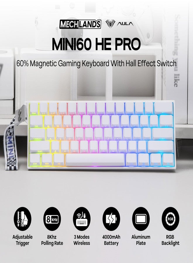 MechLands Aula Mini60 HE PRO Wireless Hall Effect Keyboard, 4000mAh, SOCD & DKS, Magnetic Gaming Keyboard with Fast Trigger, Adjustable Actuation, 8K Polling, RGB Backlit, Sound Dampening (White) - Image 2
