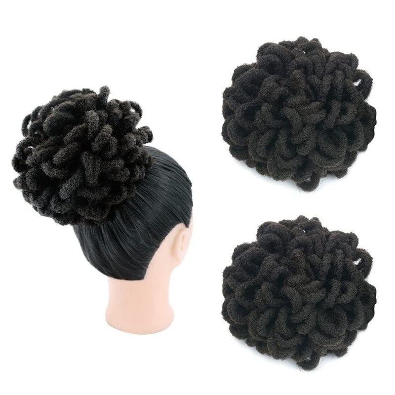 2Pcs Locs Ponytail Drawstring Buns Loc Petal Bun Dreadlock Ponytail Braided Afro Puffs Faux Locs Bun Clip in on Braids Pony Tail Hairpieces for Black Women(2#)