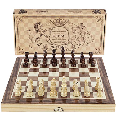 Amerous Chess Set 12x12 Folding Wooden Standard Travel International Chess Board Game Set with Magnetic Crafted Pieces For 2 Players - Image 1