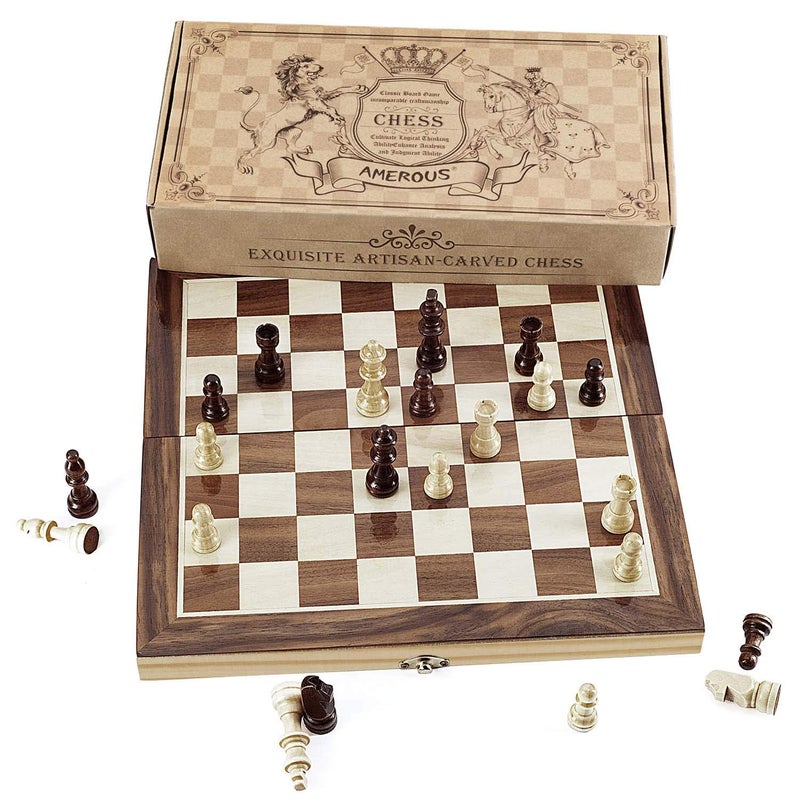 Amerous Chess Set 12x12 Folding Wooden Standard Travel International Chess Board Game Set with Magnetic Crafted Pieces For 2 Players - Image 3