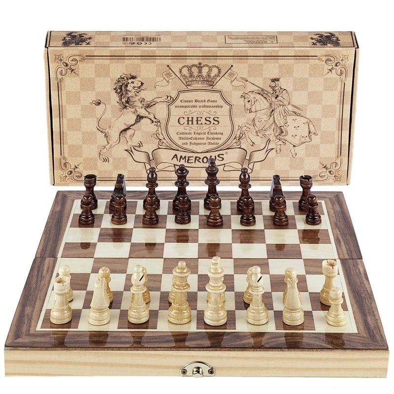 Amerous Chess Set 12x12 Folding Wooden Standard Travel International Chess Board Game Set with Magnetic Crafted Pieces For 2 Players - Image 2