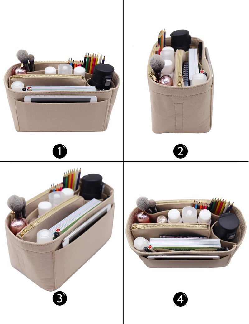 LEXSION Felt Purse Bag Organizer Insert with zipper Bag Tote Shaper Fit Speedy Neverful PM MM, 2-Beige, M - Image 4
