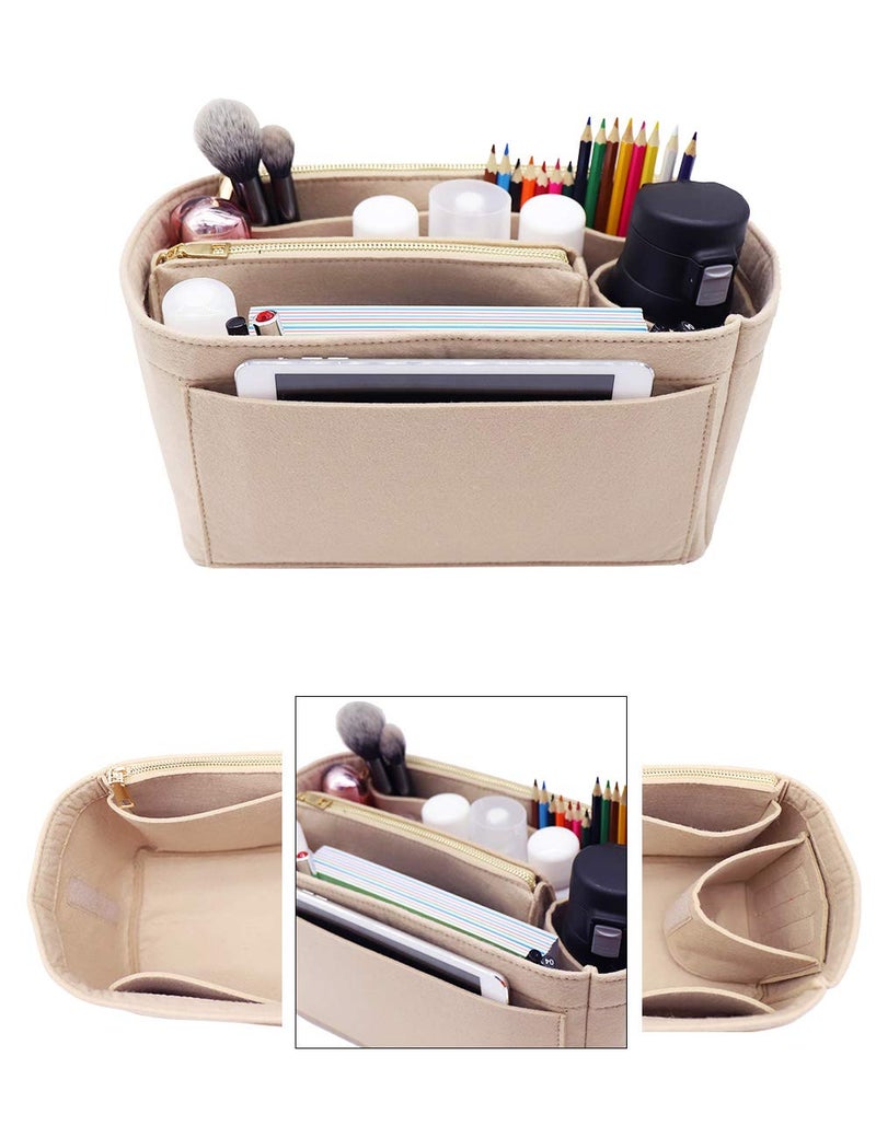 LEXSION Felt Purse Bag Organizer Insert with zipper Bag Tote Shaper Fit Speedy Neverful PM MM, 2-Beige, M - Image 5