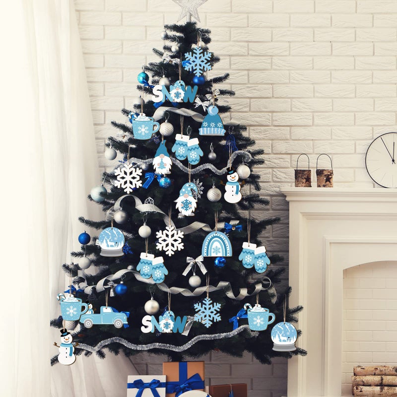 Chunful Winter Frost Wood Ornaments Winter Ice Bear Cedar Snowflake Glove Truck Hello Winter Ornaments Mini Welcome Christmas Tree Hanging Sign Decorations(Snowflake Style 36 Pieces)  - Image 4