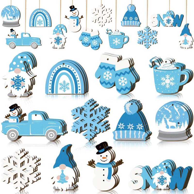 Chunful Winter Frost Wood Ornaments Winter Ice Bear Cedar Snowflake Glove Truck Hello Winter Ornaments Mini Welcome Christmas Tree Hanging Sign Decorations(Snowflake Style 36 Pieces)  - Image 1