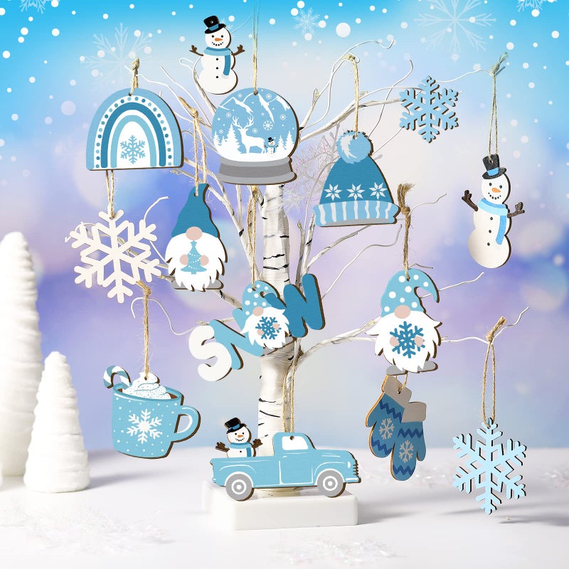 Chunful Winter Frost Wood Ornaments Winter Ice Bear Cedar Snowflake Glove Truck Hello Winter Ornaments Mini Welcome Christmas Tree Hanging Sign Decorations(Snowflake Style 36 Pieces)  - Image 2