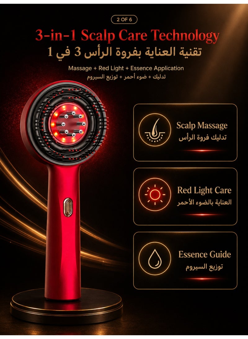 لومتر جهاز مساج الشعر الكهربائي القابل للشحن مع ضوء أحمر واهتزاز، مشط تدليك لفروة الرأس بـ72 سنًا وموزع للزيت والسيروم، أحمر - Image 2