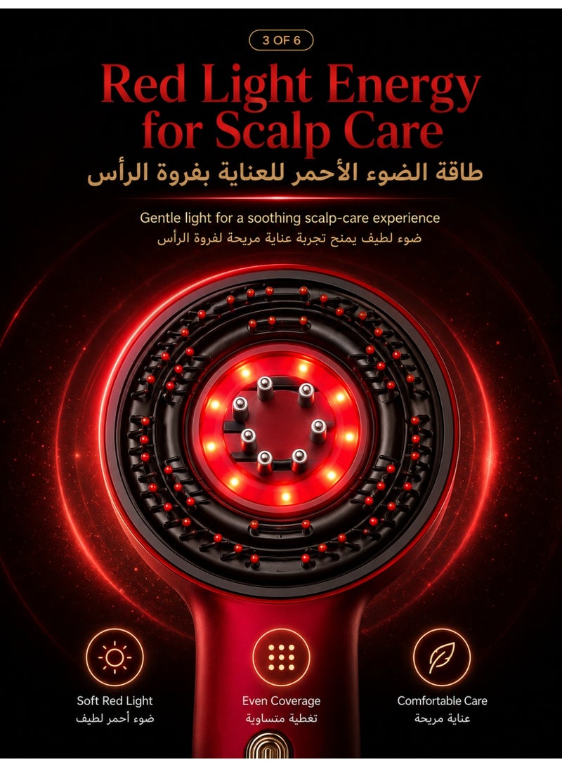 لومتر جهاز مساج الشعر الكهربائي القابل للشحن مع ضوء أحمر واهتزاز، مشط تدليك لفروة الرأس بـ72 سنًا وموزع للزيت والسيروم، أحمر - Image 3
