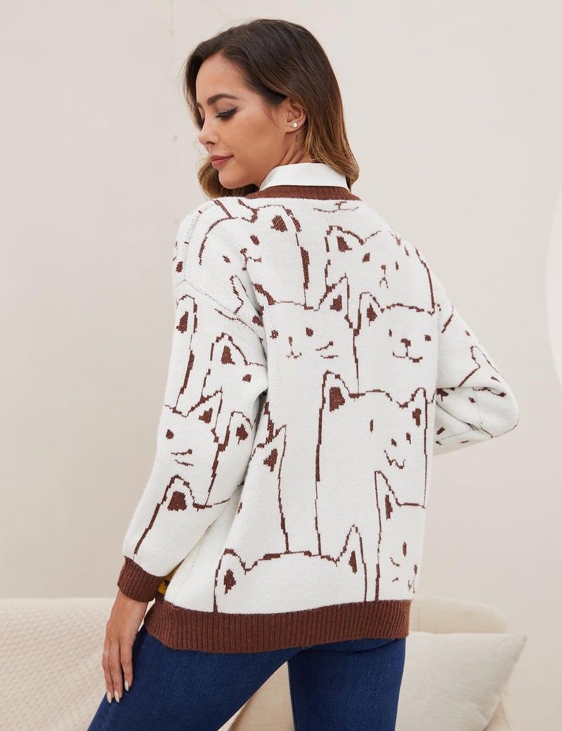 Arssm Cat Sweater for Women Oversized Button Down V Neck Knit Cardigan Cute Kawaii Cartoon Print Sweater Fall Clothes(Brown-XS) - Image 2