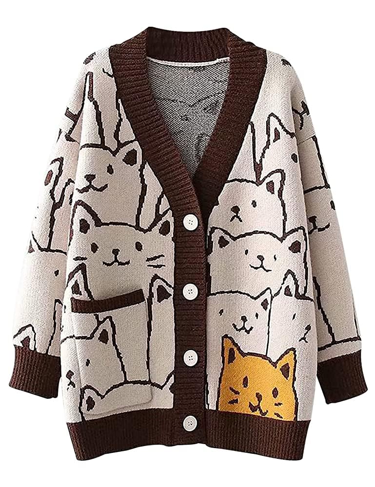 Arssm Cat Sweater for Women Oversized Button Down V Neck Knit Cardigan Cute Kawaii Cartoon Print Sweater Fall Clothes(Brown-XS) - Image 1