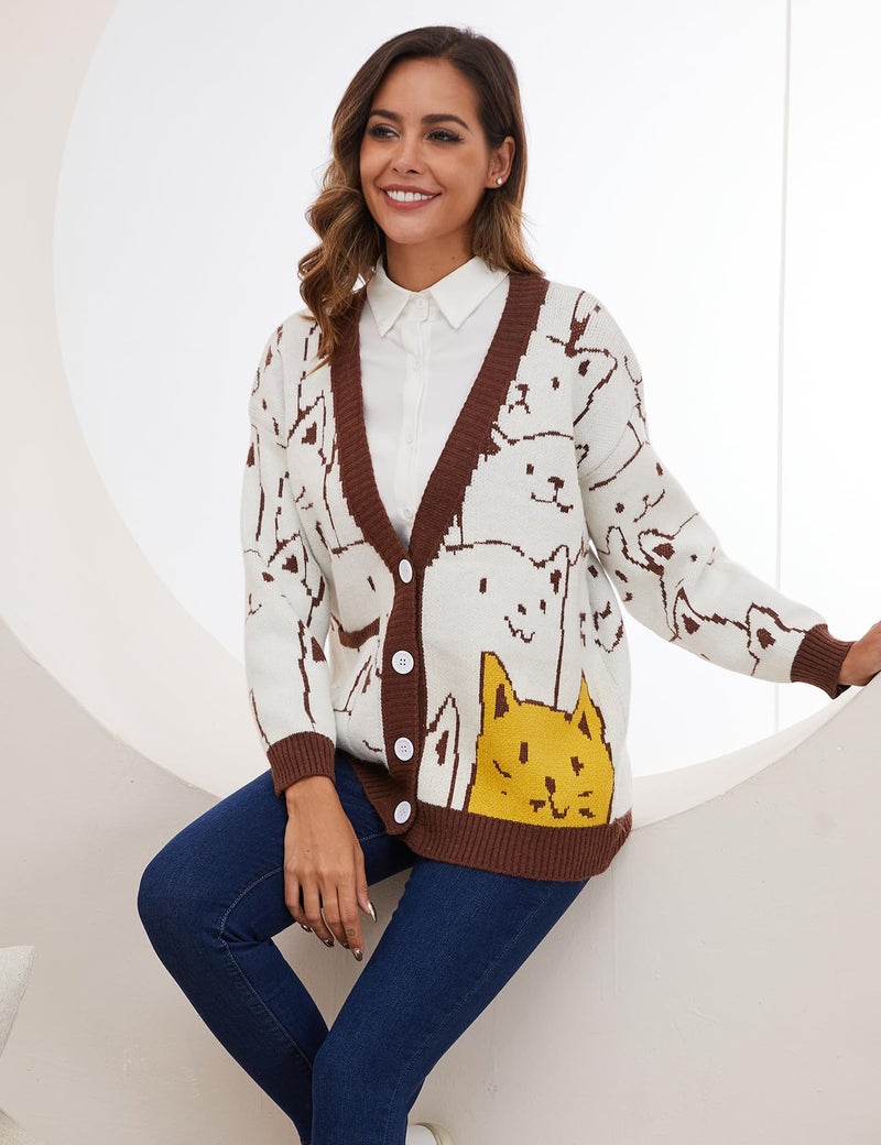 Arssm Cat Sweater for Women Oversized Button Down V Neck Knit Cardigan Cute Kawaii Cartoon Print Sweater Fall Clothes(Brown-XS) - Image 3