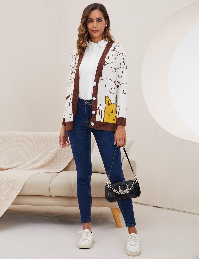 Arssm Cat Sweater for Women Oversized Button Down V Neck Knit Cardigan Cute Kawaii Cartoon Print Sweater Fall Clothes(Brown-XS) - Image 4
