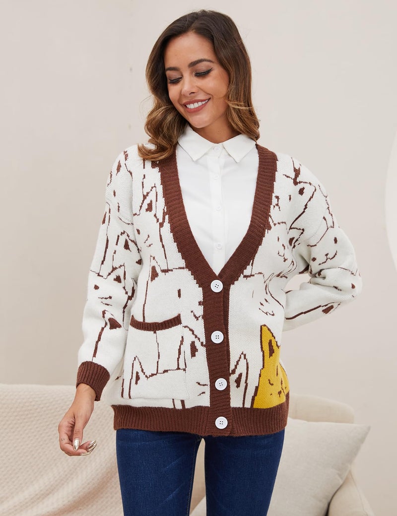 Arssm Cat Sweater for Women Oversized Button Down V Neck Knit Cardigan Cute Kawaii Cartoon Print Sweater Fall Clothes(Brown-XS) - Image 5
