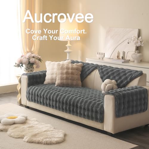 Aucrovee Soft Plush Faux Fur Couch Cover, Thick Warm Fuzzy Sectional Sofa Covers for 3 Cushion Couch Sofa Non Slip Slipcover, Furniture Protector Covers for Pets(1 PCS 36"x82" Dark Grey) - Image 3