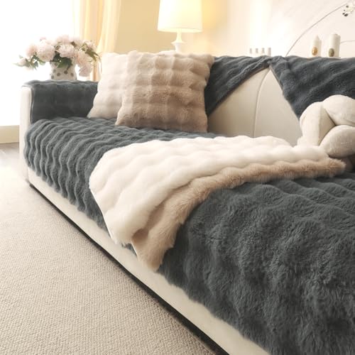 Aucrovee Soft Plush Faux Fur Couch Cover, Thick Warm Fuzzy Sectional Sofa Covers for 3 Cushion Couch Sofa Non Slip Slipcover, Furniture Protector Covers for Pets(1 PCS 36"x82" Dark Grey) - Image 1