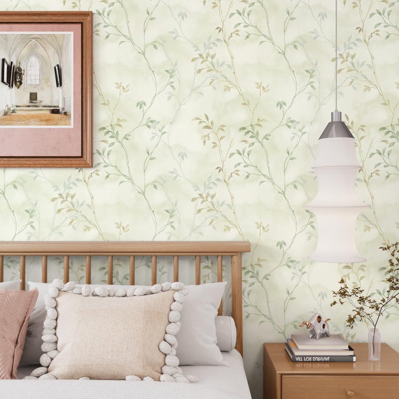VaryStyle Light Green/Yellow Tree Branches Wallpaper Foggy Tree Twigs Leaf Peel and Stick Wallpaper Vintage Contact Paper for Cabinets Walls 17.7"x118" Self Adhesive Vinyl Roll for Bedroom Bathroom - Image 3