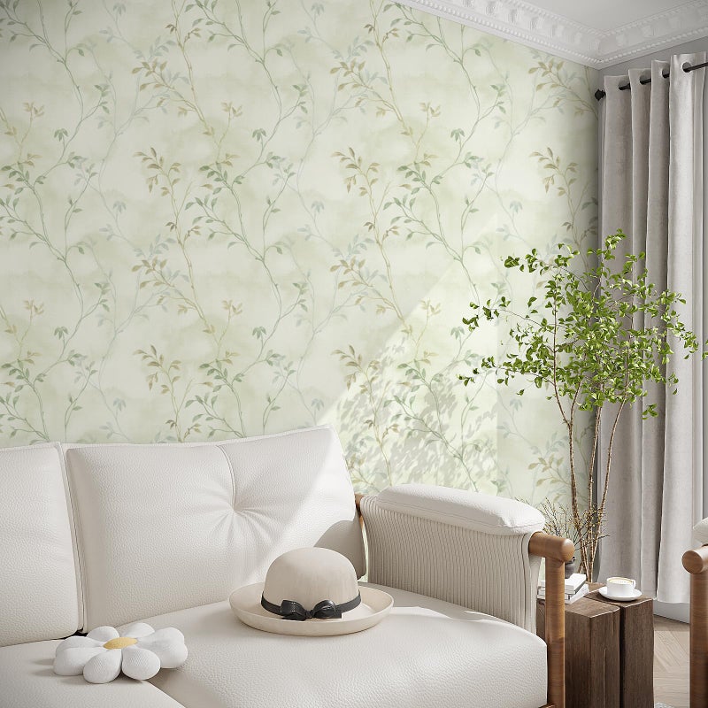VaryStyle Light Green/Yellow Tree Branches Wallpaper Foggy Tree Twigs Leaf Peel and Stick Wallpaper Vintage Contact Paper for Cabinets Walls 17.7"x118" Self Adhesive Vinyl Roll for Bedroom Bathroom - Image 2