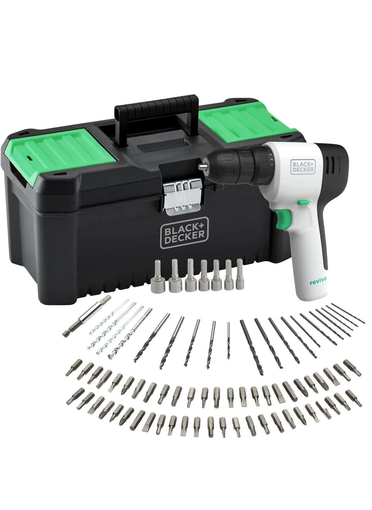 Reviva Cordless Drill Kit 12V with 80 PC Accessories 12.5 storage Eco Toolbox REVDD12ASTB-GB 2 White/Green 