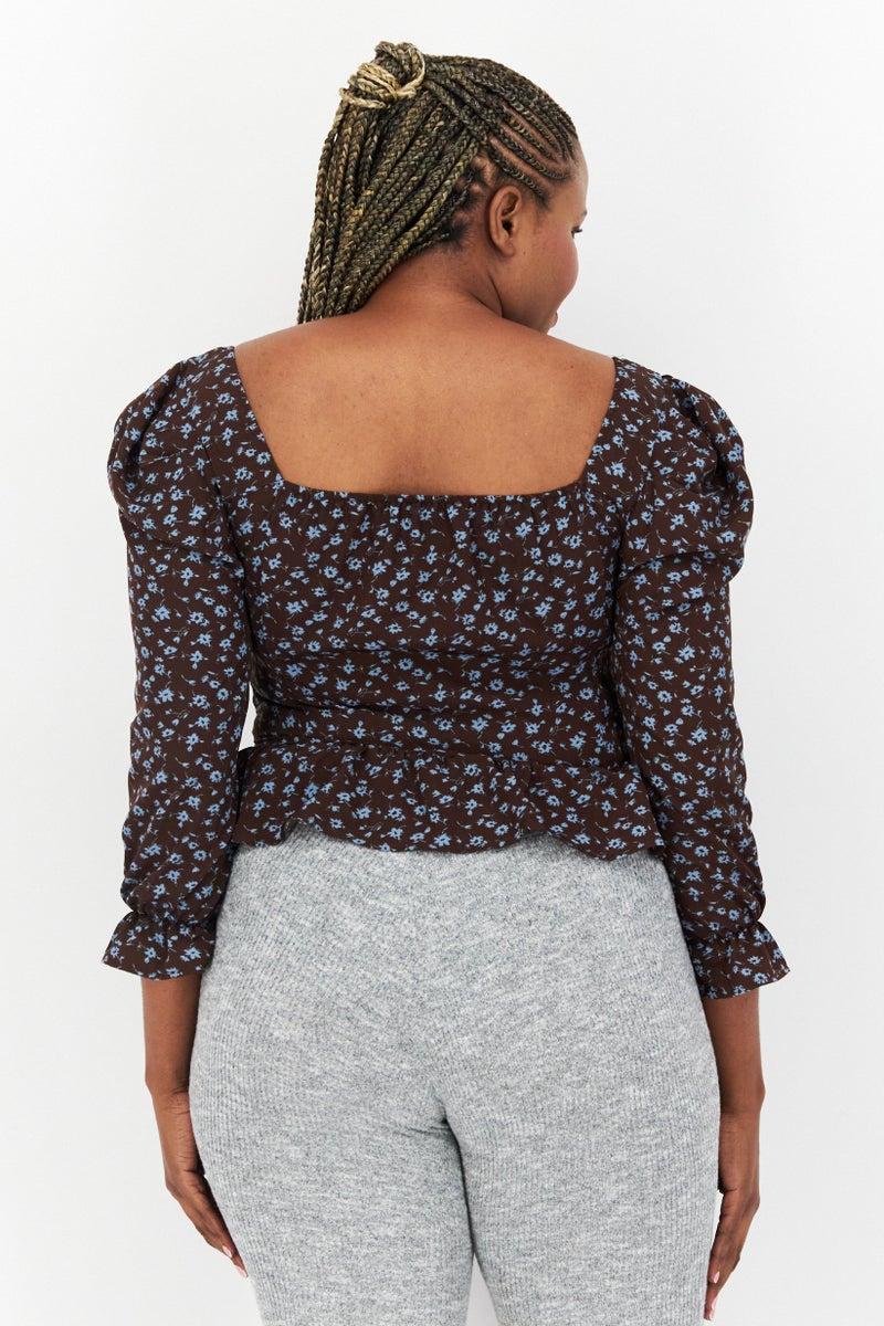 Missguided Women Diamond Neck Puff Sleeve Floral Blouse, Brown - Image 4