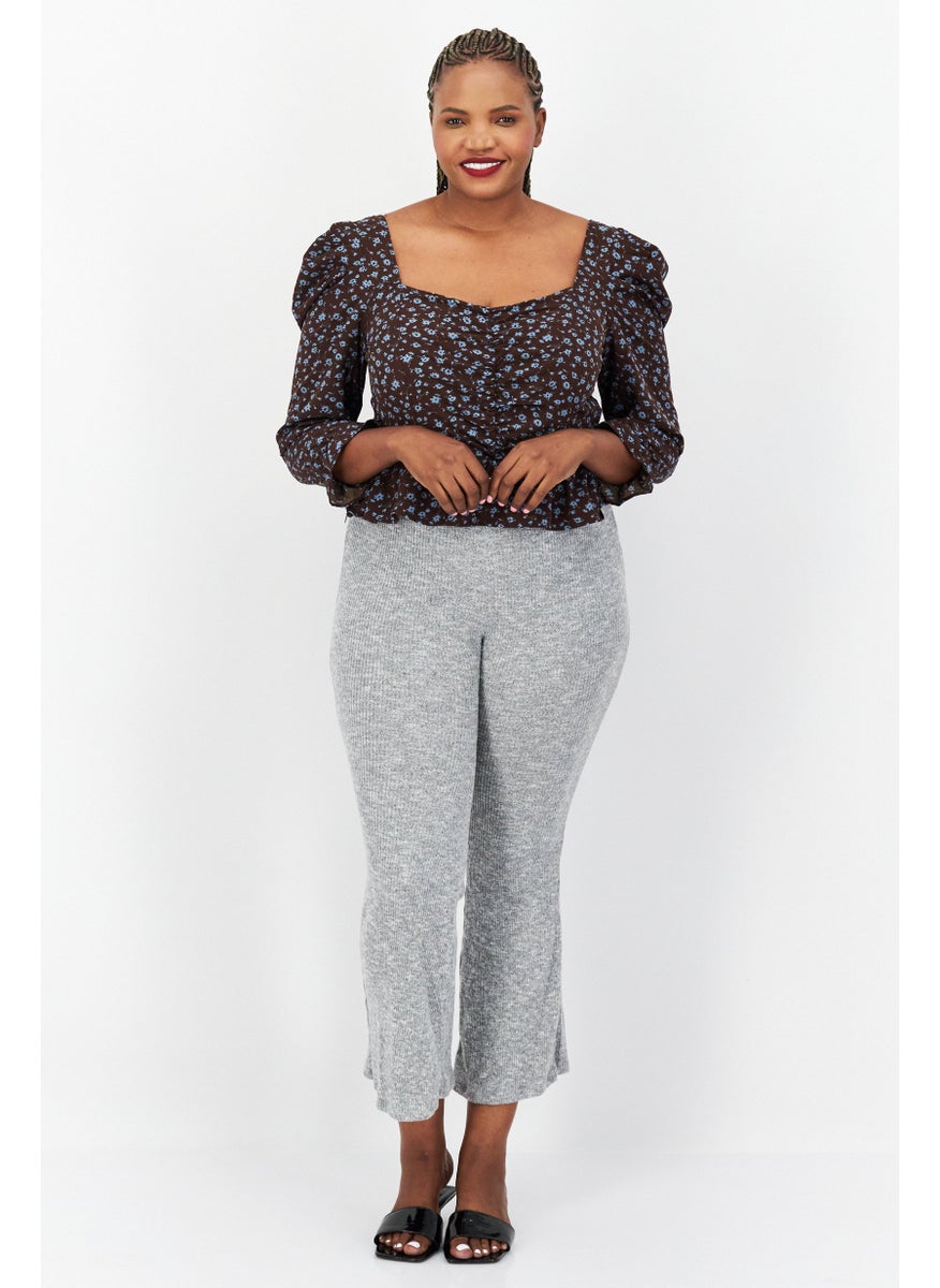 Missguided - Women Diamond Neck Puff Sleeve Floral Blouse, Brown - Image 1