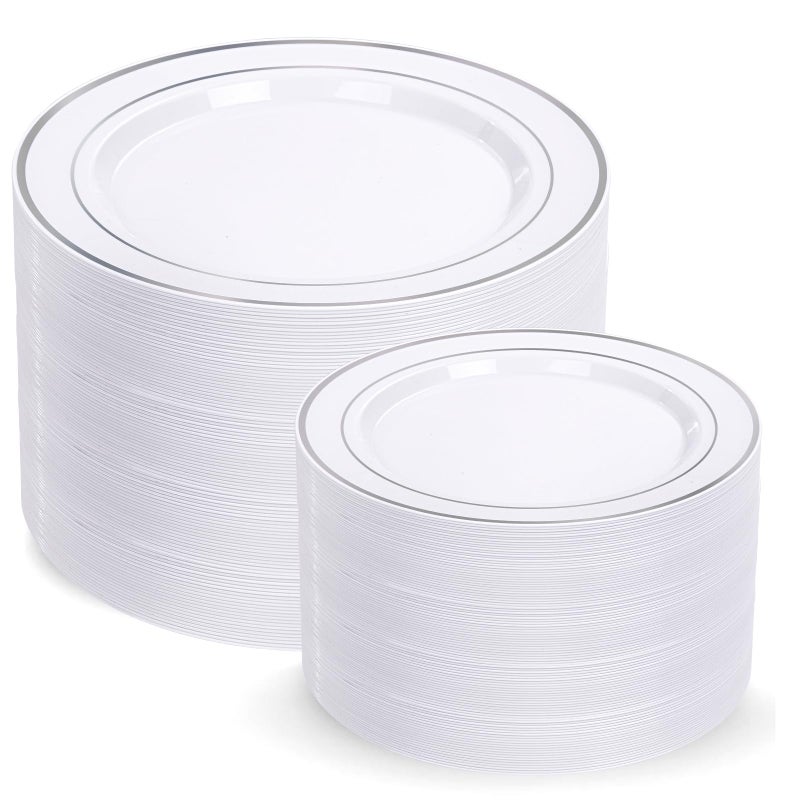 I00000 200 Pcs Silver Plastic Plates - Silver Disposable Party Plates Include 100 Dinner Plate and 100 Elegant Dessert Plate Perfect for Party, Holiday, Wedding & Birthday - Image 1