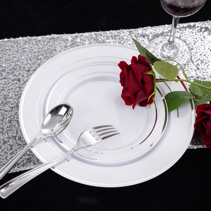 I00000 200 Pcs Silver Plastic Plates - Silver Disposable Party Plates Include 100 Dinner Plate and 100 Elegant Dessert Plate Perfect for Party, Holiday, Wedding & Birthday - Image 4
