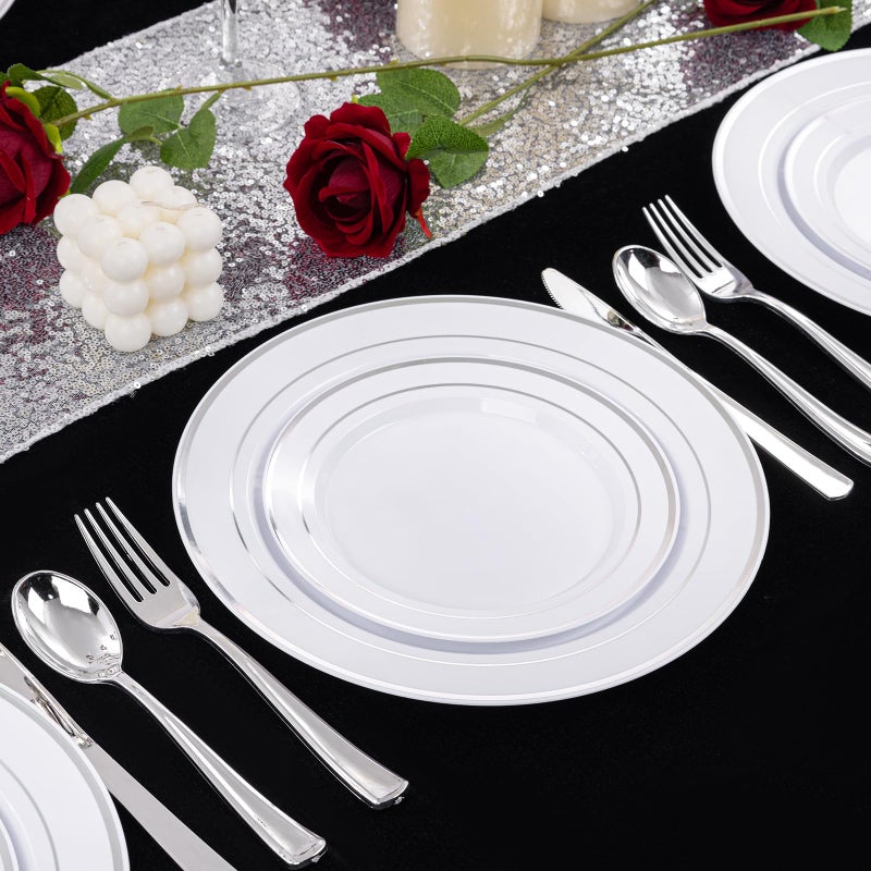 I00000 200 Pcs Silver Plastic Plates - Silver Disposable Party Plates Include 100 Dinner Plate and 100 Elegant Dessert Plate Perfect for Party, Holiday, Wedding & Birthday - Image 5