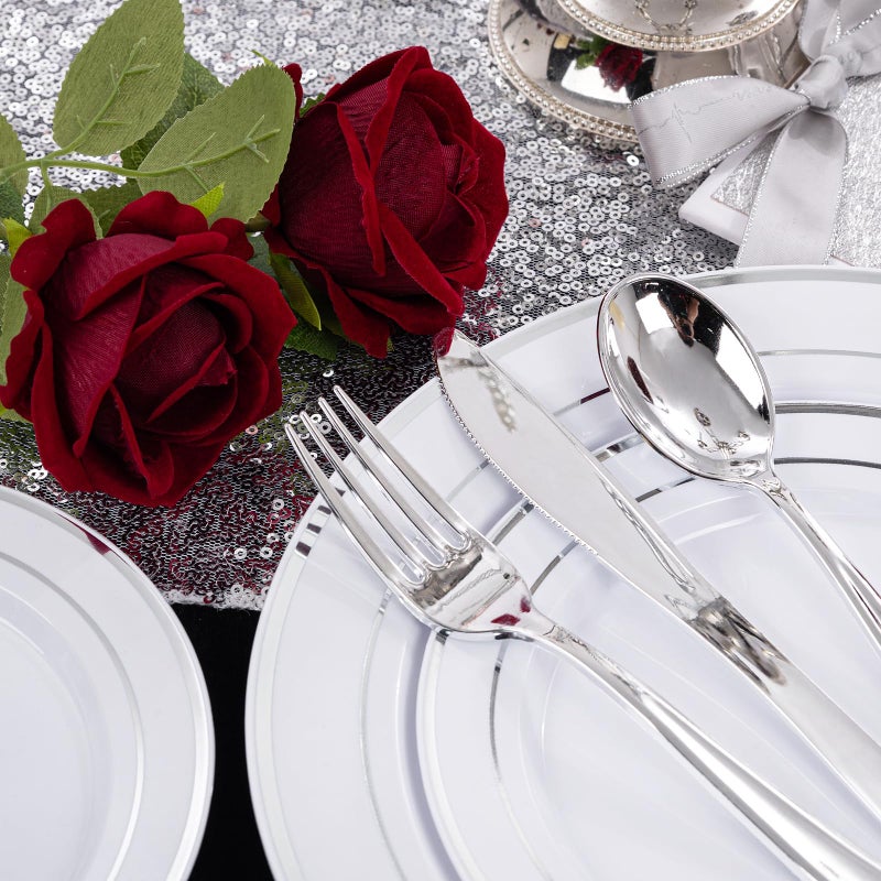 I00000 200 Pcs Silver Plastic Plates - Silver Disposable Party Plates Include 100 Dinner Plate and 100 Elegant Dessert Plate Perfect for Party, Holiday, Wedding & Birthday - Image 2