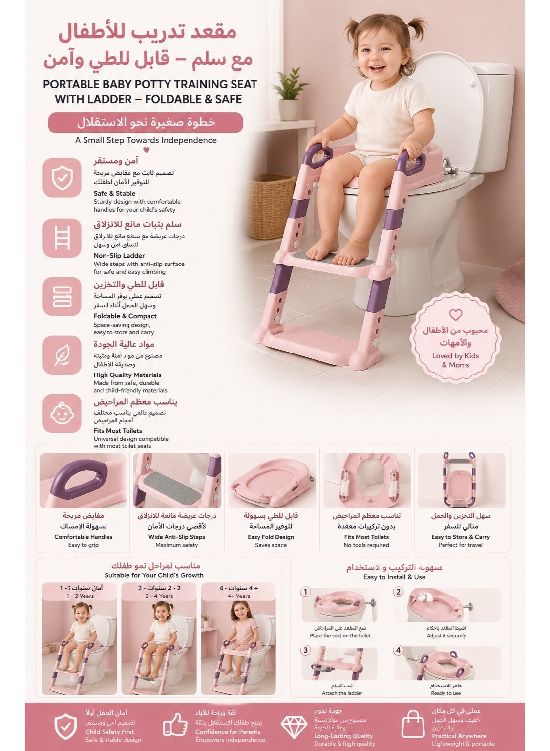 OLUDENIZ Portable Baby Potty Training Seat with Ladder - Foldable Design, Non-Slip Steps, and Comfortable Seat Cushion