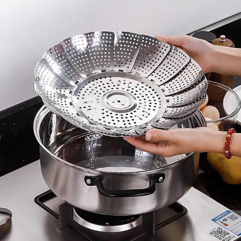 DAYANIDHI Dayanidhi Korean Stainless Steel Steamer | Expandable & Foldable Steam Basket | Portable Cooking Tray for Vegetables & Food | Steamer with Handle for Vessel Cooker & Pan (27cm,1 Piece) - Image 5