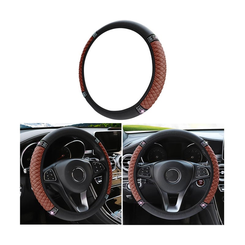 Bling Soft Leather Steering Wheel Cover 15 Inch Colorful Rhinestones Auto Elastic Steering Wheel Protector Sparkly Crystal Diamond for Women Girls Car Interior Accessories Brown