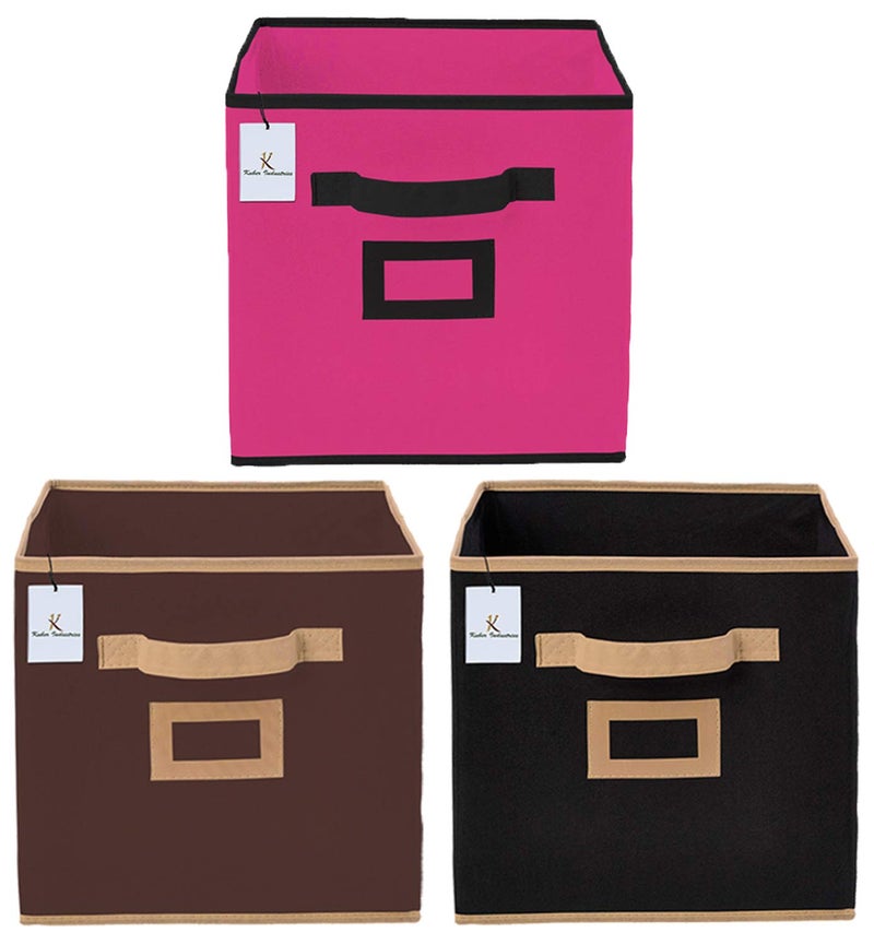 Kuber Industries Kuber Industries Non Woven 3 Pieces Small Foldable Storage Organiser CubesBoxes Black Coffee Pink CTKTC035176  - Image 2