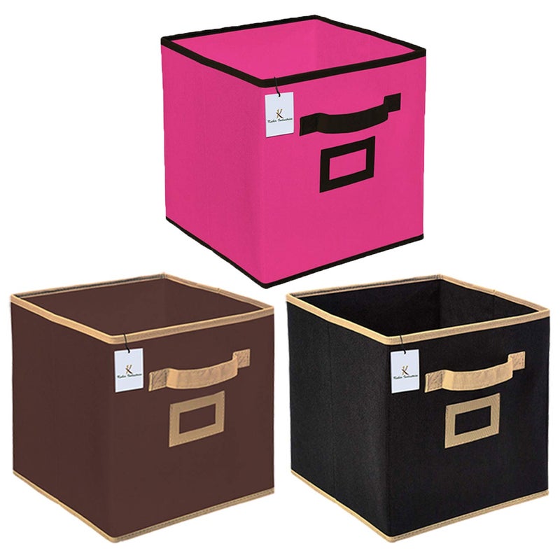 Kuber Industries Kuber Industries Non Woven 3 Pieces Small Foldable Storage Organiser CubesBoxes Black Coffee Pink CTKTC035176  - Image 1